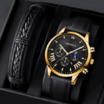 Relógio GENEVA Preto Dourado, Premium Conjunto 2 Peças